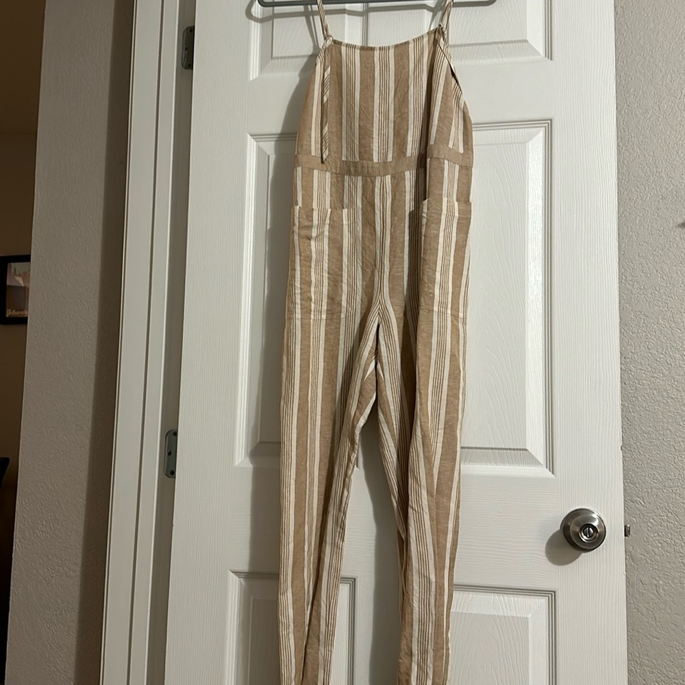 NWOT Tan and White Striped Madewell Jumpsuit, Size XS.